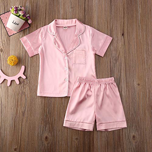 Multitrust Baby Girls Boys Silk Pajamas Set Solid Short Sleeve Button Down Shirts Tops and Shorts Infant Satin Pj Lounge Sets (Pink, 1-2 Years)