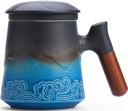 MAXJOY Tea Cup with Infuser and Lid,15.2 OZ Large Loose Leaf Tea Cup,Ceramic Tea Steeping Mug with Rosewood Handle,Black & Blue MAXJOY Tea Cup with Infuser and Lid,15.2 OZ Large Loose Leaf Tea Cup,Ceramic Tea Steeping Mug with Rosewood Handle,Black & Blue
