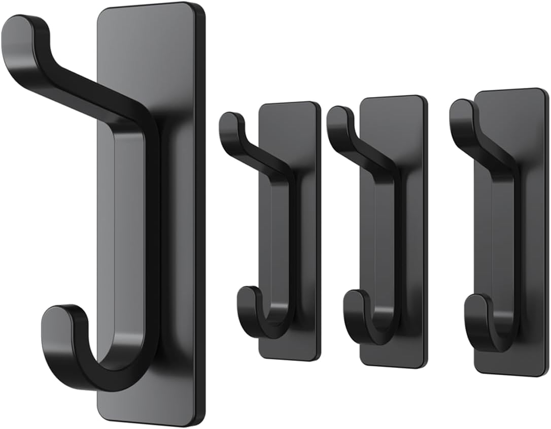pickpiff Door Hook for Towel, Coat, Cloth, Purse, Hat, Key, Extra Sticky Stainless Holder for Hanging, Matte Black Wall Mounted Self-Adhesive Hanger for Shower Kitchen Bathroom Heavy Duty, 4 Pack