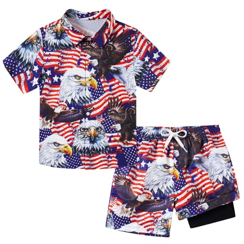 Image of UNICOMIDEA Boys 4th of July Outfits Kids Patriotic Independence Day Tropical Short Sets for 5-12 Years