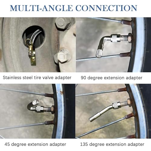 Image of 8 Pieces Tire Valve Extension, 2 Pieces Dual Tire Valve Extension Valve Stem Installation Tool with 6Pcs 45 90 135 Degree Brass Valve Stem Extender Tire for RV Bike Motorcycle Car (7.1 in, 11.8 in)