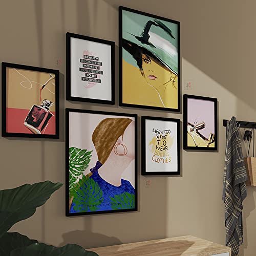 Image of PAINTINGMANTRA Wall Decor Fashion Set of 6 Framed Art Prints Paintings for Home Gallery, Bedroom, Living Room & Office (Size - 2-12 x 16 & 4-8 x 12 Inches)