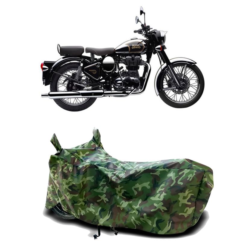 Image of DUFFEL-100% Heat Protection Two Wheeler Bike /Scooty Body Cover for Royal Enfie Classic Chrome Water Resistance /UV-Rays /Birds Dropping /Scratchproof /Dust Proof /Waterproof[Green Jungle Print]