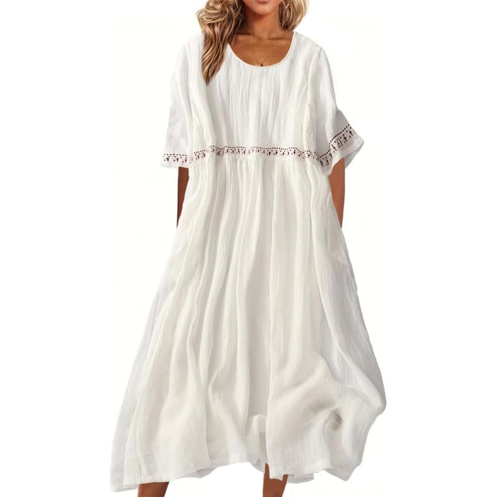 Vestido Largo de Lino y algodón con Bordado Floral para Mujer, Estilo Bohemio, clásico de Verano, con Media Manga y Cuello Redondo.