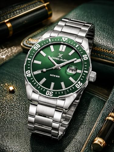 Image of Daniel Klein Men Analog Watch | Silver Case | Dark Green Dial | Silver Stainless Steel Strap | 44 mm | Water Resistant 5 ATM | DK.1.14195-3