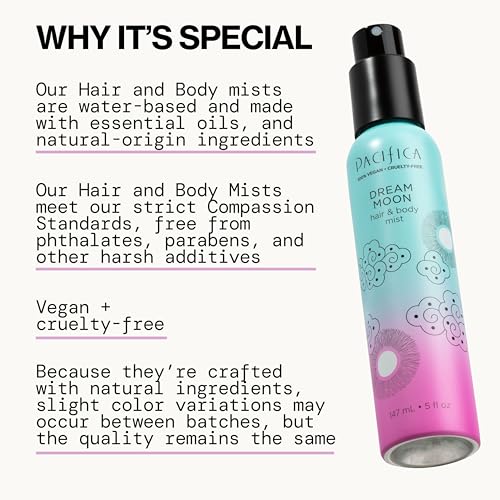 Image of Pacifica Hair Perfume & Body Fragrance Spray Mist - Dream Moon with Bergamot, Pear, Pink Rose, Coconut, Vanilla, Sandalwood & Patchouli - Alcohol-Free, Vegan & Cruelty-Free, 5 oz (1 Count)