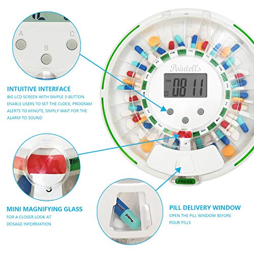 Pointells Automatic Pill Dispenser – 28-Day Portable Medication Planner and Organizer – Dispense Vitamins and Tablets Up 6 Times Per Day – Includes Flashing Light, Alarm and Safety Lock