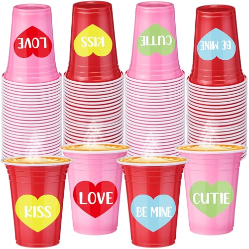 Domensi 60 Pcs 12 oz Valentine Pink Red Heart Cups Valentines Plastic Party Cups Disposable Mugs for Coffee Juice Beverage Hot Cold Drinks Holiday Party Supplies