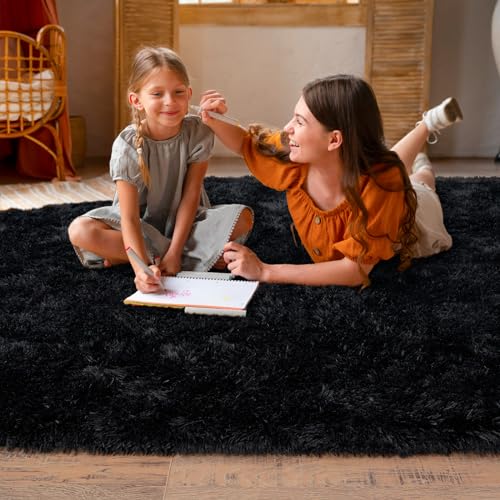 Dssimo 5'x7' Super Fluffy Rug for Bedroom, Modern Shag Black Area Rugs, Soft and Cozy Plush Large Carpet for Kids, Girls Boys and Teens Decorations for Living Room Dorm Nursery Classroom, Black