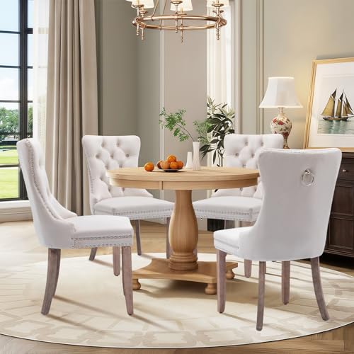 SoarTalent Lot de 4 chaises de Salle à Manger rembourrées en Velours de Style Moderne avec Garniture en tête de Clou et Pieds en Bois, Anneau de Traction en métal...