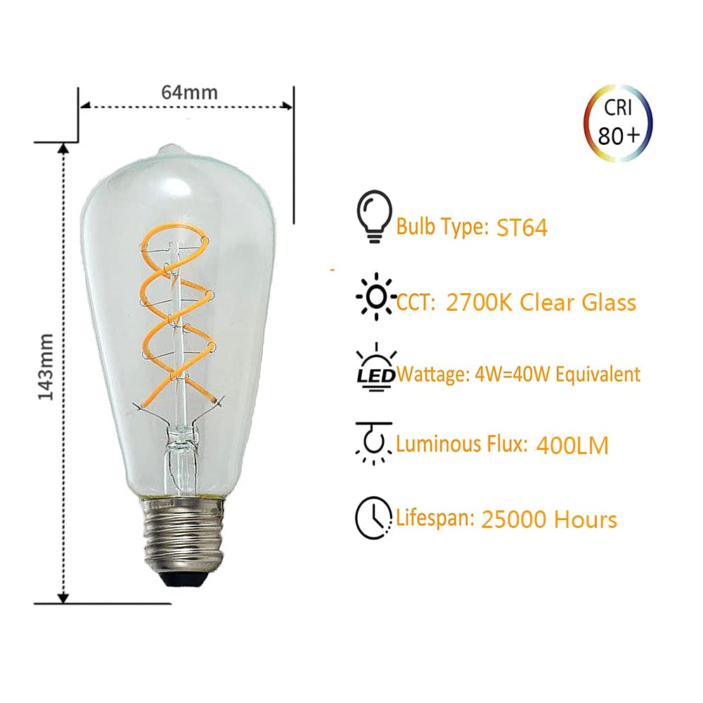 Ruihua E27 4W Klarglas Spiral Glühbirne ST64 LED Glühbirne,Warmweiß 2700K 400LM Doppelspirale Flexible Retro Edison LED Glühbirne Nicht Dimmbar Energiesparlampe(8 Stück)