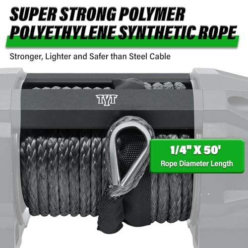 Image of TYT 6500 lb UTV Winch with Wireless Remote and Wired Switch,12 Volt DC Electric Trailer Winch,1 /4 inch x 50FT Synthetic Rope Winch with Rubber Stopper and Mounting Plate