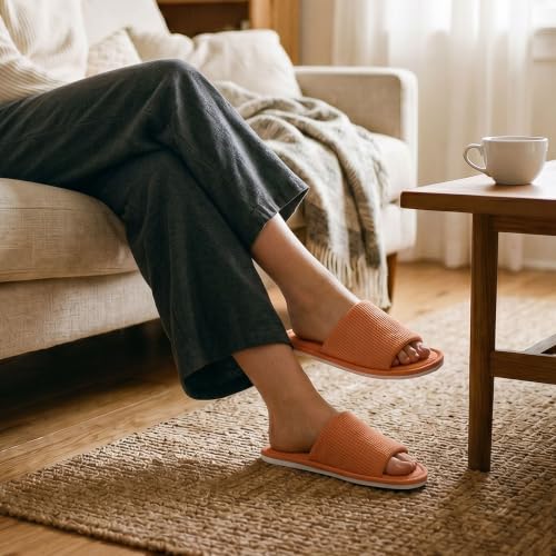 Image of Women's Open Toe House Slippers - Breathable Waffle Fabric, Memory Foam Cushioning, Slip-On Summer Indoor Slippers, Non-Slip TPR Sole, Easy Care