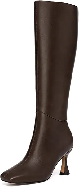 Athlefit Brown Knee High Boots for Women Kitten Heel Tall Boots Square Toe Fall Fashion Stiletto Heeled Long Booties Size 9