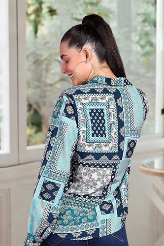 Image of POPWINGS Women Casual Sky Blue Floral Printed Shirt | Collar Button Shirt | Full Sleeve Shirt | Trendy Shirt | Regular Casual Shirt