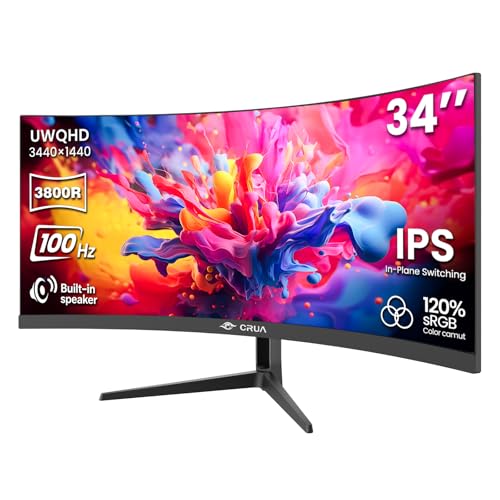 CRUA 34' Ultrawide Curved Monitor, 21:9 UWQHD 3440x1440 100Hz 3800R IPS Computer Monitors with Built-in Speakers, Supports FreeSync, 120% sRGB, Blue Light Filter, HDMI 2.0 & DP 1.4, Wall Mountable