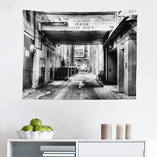 Ambesonne City Tapestry, Caution Please Slow down Sign on Passage Town Old Fashion Urban District Scenery, Fabric Wall Hanging Decor for Bedroom Living Room Dorm, 28" X 23", Black and White