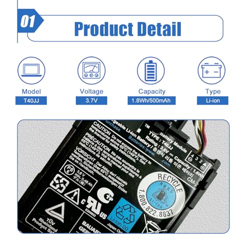 Image of T40JJ Battery Compatible with Dell Perc Raid H710 H710P H730 H730p H810 H830 PowerEdge M620 R320 R420 R520 R620 R720 R820 T110 II T420 70K80 H132V +Case