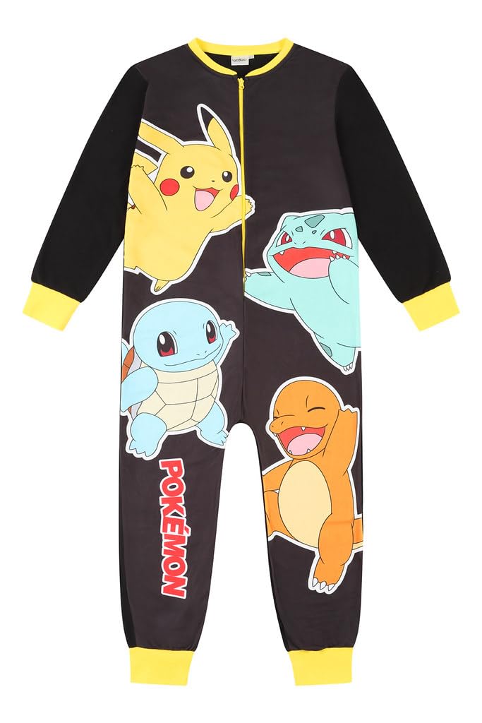 Pokemon Pikachu - Pijama de forro polar negro para niños y niñas, todo en uno