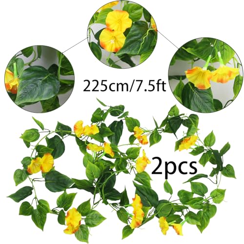 CISDUEO 2 Pcs Artificial Vines Silk Morning Glory Vines for Outdoor 15Feet Hanging Plants Garland Yellow Fake Green Plant Morning Glories for Home Decor Wall Fence Stairway Wedding Hanging Baskets