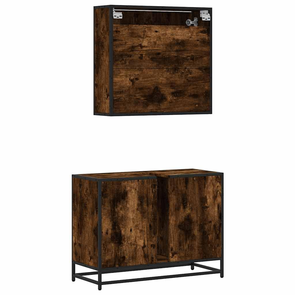 2-częściowy zestaw mebli łazienkowych, dąb wędzony, materiał drewnopochodny z metalowym stelażem, szafka z lustrem 65 x 20 x 60 cm i szafka pod umywalkę 80 x 33 x 60 cm, do przechowywania i
