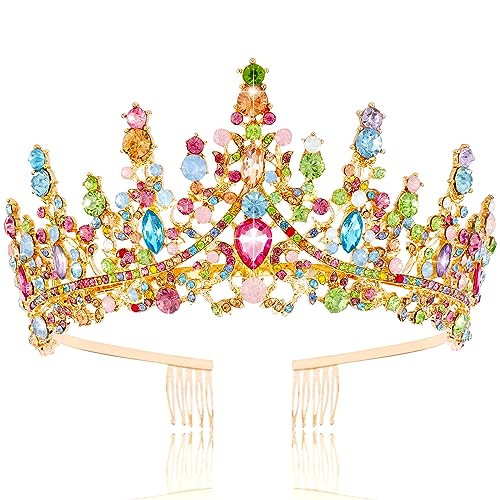 TOBATOBA Rainbow Crown Colorful Tiaras for Women Girls Princess Crown for Women Wedding Tiara for Bride Rhinestone Birthday Queen Crown Headpieces for Prom Pageant Halloween Cosplay Accessories