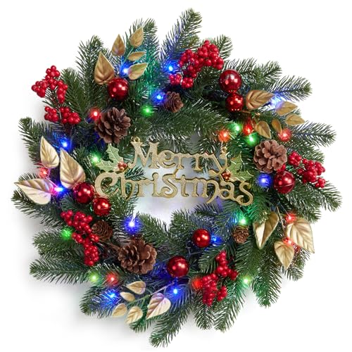 18 Inch Pre-Lit Christmas Wreath, Outdoor Lighted Christmas Wreath with Pine Cones, Berry, Colorful Lights for Front Door, Artificial Xmas Wreath for Holiday Party Decorations
