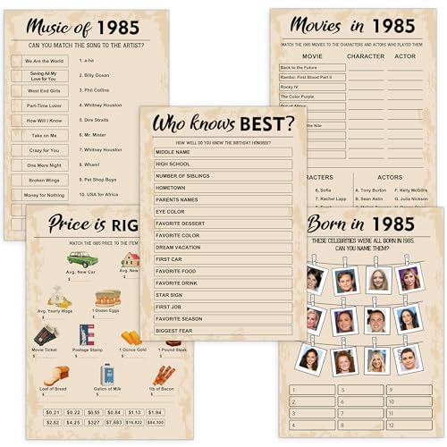 40th Birthday Party Games, Born in 1985 Games Bundle, Set of 5 Activities for 10 Guests, Birthday Party Supplies for Adults, Pack of 50 Cards