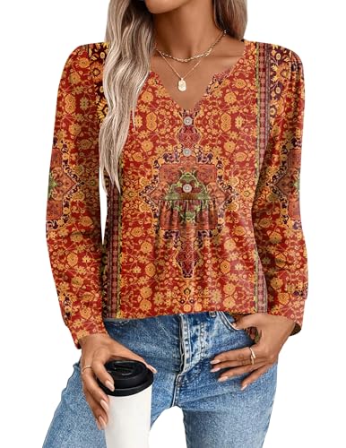 Zeagoo Shirts for Women Trendy Puff Long Sleeve Tops Fall Floral T Shirt Casual Loose Henley V-Neck...