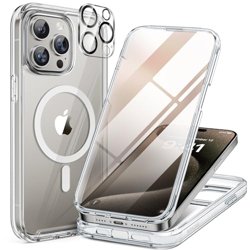 Image of Miracase Magnetic for iPhone 15 Pro Case Full-Body Bumper Phone case with Built-in Glass Screen Protector& Camera Protector, [Compatible with MagSafe] Military Drop Proof 15 Pro Cover 6.1 inch,Clear