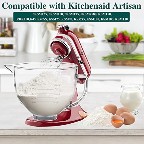 Design For Kitchenaid Mixer Bowl Replacement, 5 Qt Glass Mixing Bowls Compatible With Kitchen Aid Stand Mixer, With Fixed Plastic Base, Pour Spout And Measurement Markings #TOP3
