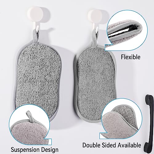 Spülschwamm waschbar, 6 Stück Küchenschwamm mit 2 Haken, Schwamm Küche Mikrofaser, Putzschwämme Doppelseitenschwämme, Reinigungsschwamm Geschirrschwamm für Reinigung bei Hartnäckigem Schmutz（Grau）