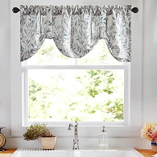 Vogol Tie-Up Valance For Kitchen Windows Tie Up Curtains For Windows Blue Leaf Print Adjustable Balloon Window Shades Rod Pocket Tie-Up Valances For Cafe, 52X18, One Piece #TOP1