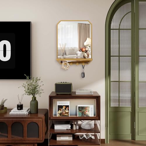 Image of BEAUTME Rectangular Bathroom Mirror with Shelf, 20x16 inch Metal Frame Wall Mirrors with Hooks, Modern Vanity Mirror Wall Mounted for Living Room Bathroom Entryway, Vertical (Gold)