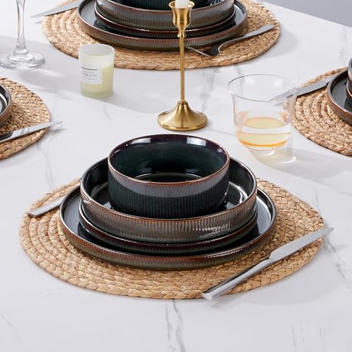 Image of E-far 16 Piece Dinnerware Sets, Plates and Bowls with Pasta Bowls Service for 4, Modern Stoneware Ribbed Dishes for Kitchen Dining, Microwave & Dishwasher Safe, Blackish Green