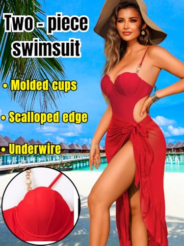 Women's Push-up Monokini with Sarong, Seashell Bra Halter Backless Cheeky, One Piece Swimsuit with Skirt Set2