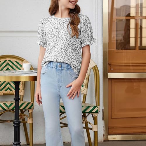 Girls Flower Graphic Shirts Puff Short Sleeve Crew Neck Cute Fall Casual Tops Kids Lightweight Thin Pullover Clothes3