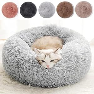 Cat Beds for Indoor Cats – Cat Bed Washable 20/24 inches, Dog Beds for Small Medium Dogs, Anti Anxiety Round Fluffy Plush Faux Fur Pet Bed, Thick Bottom (Light Grey, Medium)