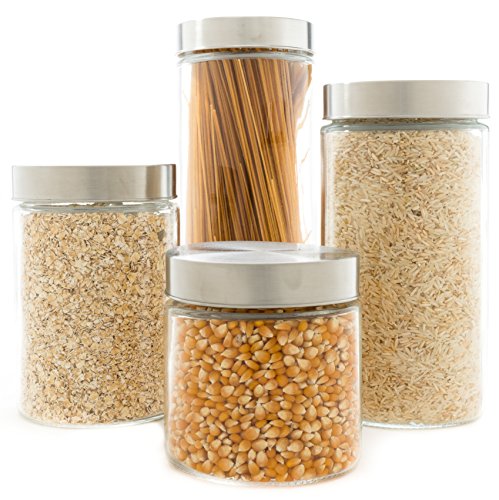 EatNeat 4-Piece Beautiful Glass Kitchen Canister Set with Stainless Steel Lids, Round Dry Food Storage Containers
