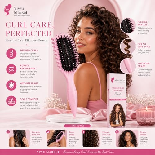 Image of Curly Curved Vented Hair Brush for Women & Men | Hollow Airflow Comb | Flexible Detangling Bristles with Comfortable Grip Handle | Blow-Dry Support & Scalp Massage Brush - Pink