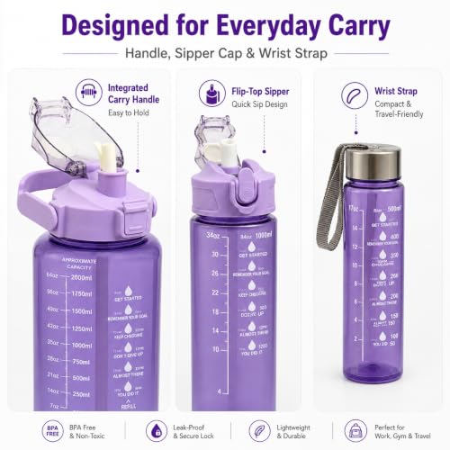 Image of Sipper Water Bottle Set of 3 for Women, Purple