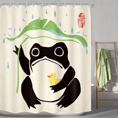 Lghtyro Funny Frog Shower Curtain Bathroom Set 60Wx71H Inches Asian Duck Traditional Art Japanese Cute Animal Taking Lotus Leaf Rain Bath Accessories Lovely Art Home Decor Fabric 12 Pack Hooks thumb #1