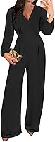 PinkQueen 2026 Women's Long Sleeve V-Neck Wide Leg Jumpsuit Romper - Dressy Business Casual Outfits