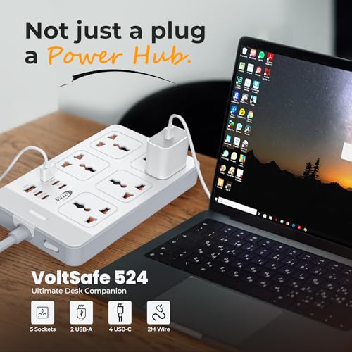 Image of OTEK Extension Board with 5 Universal Sockets 6 USB Ports 4 Type C and 2 Type A Ports 2 Meter Cord 2500W 10A Surge Protector Fire Resistant ABS Body Multiplug Socket with Safety Shutter White