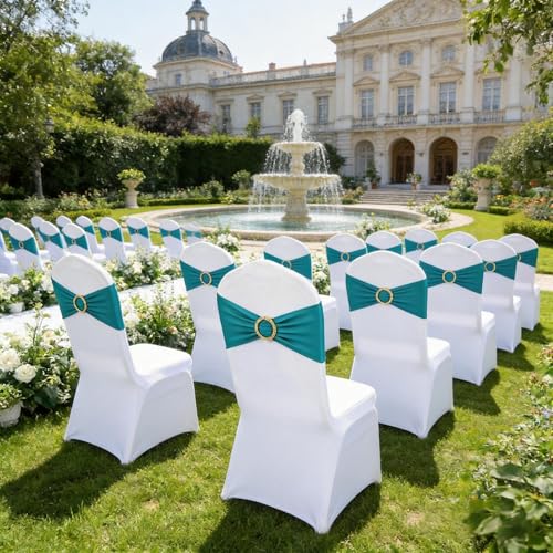 Image of Turquoise Chair Sashes 50 Pack, Spandex Turquoise Chair Bows with Gold Buckle for Wedding Decoration, Teal Chairs Bands for Party Banquet Gender Reveal Decor