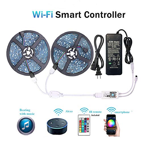 WenTop LED Light Strip, Wifi Wireless Smart Phone Controlled Strip Light Kit DC12V UL Led Lights 32.8ft(10M) 300leds Non Waterproof LED Strip,Working with Android and IOS System,IFTTT,Google Assistant