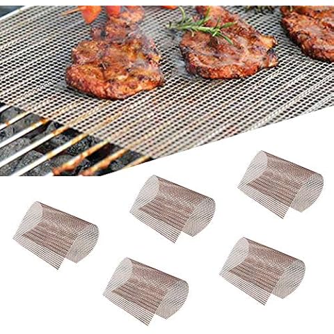 FF ERA Copper BBQ Grill Mesh Mat-Set of 5 Non-Stick Reusable Heavy Duty 13x15.75 Inch Heat Resistant-Easy to Clean PTFE Coated Fiberglass Silicone Free-Suitable for Ovens and Outdoor Grills Cover