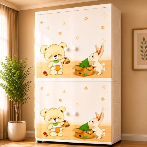 Image of Kids Plastic Wardrobe for Clothes Storage | Baby Cupboard & Almirah with Hanging Rod & Shelves | Portable Collapsible Storage Cabinet for Bedroom | Cartoon Kids Wardrobe