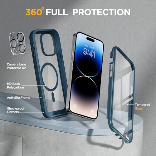 Image of Miracase Magnetic for iPhone 14 Pro Case 6.1 inch, (Compatible with MagSafe) Upgrade Full-Body Clear Phone Bumper Case with Built-in 9H Tempered Glass Screen Protector,Storm Blue