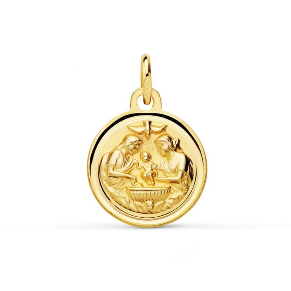 Nouvelle Médaille de baptême en or 9 carats, 14 mm, avec lunette lisse. Gravure incluse dans le prix - Personnalisable - GRAVURE INCLUSE DANS LE PRIX
